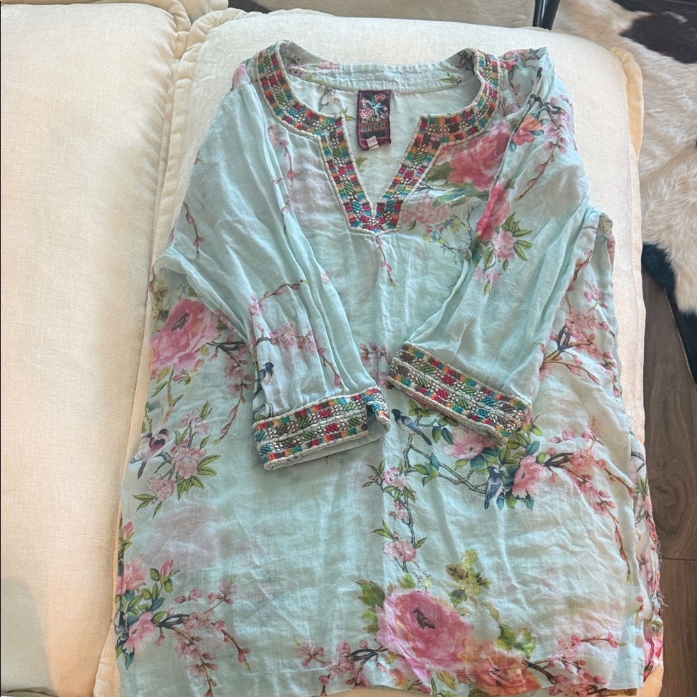 Johnny Was Floral Embroidered Tunic - Light Blue and Pink
